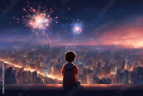 Anime art of a boy looking at the fireworks over the skyline of a metropolitan city.