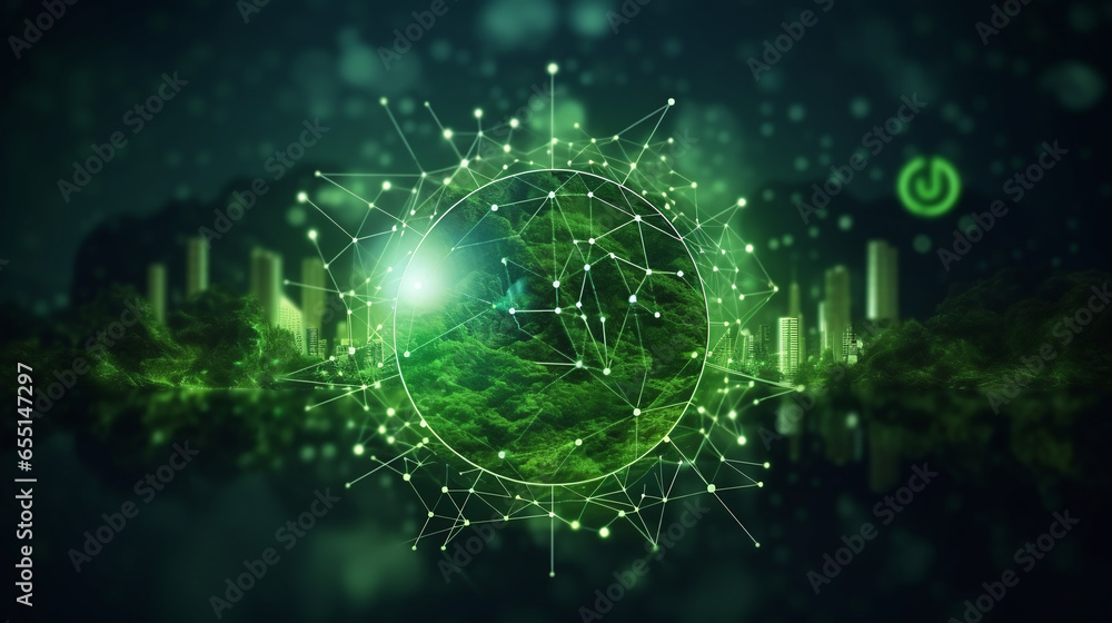 Fototapeta premium A green earth of trees with cables and electronic lights against a background