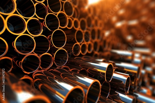 Concept of metallurgy industry with multiple stacked steel pipes in a 3D rendered illustration. Generative AI photo