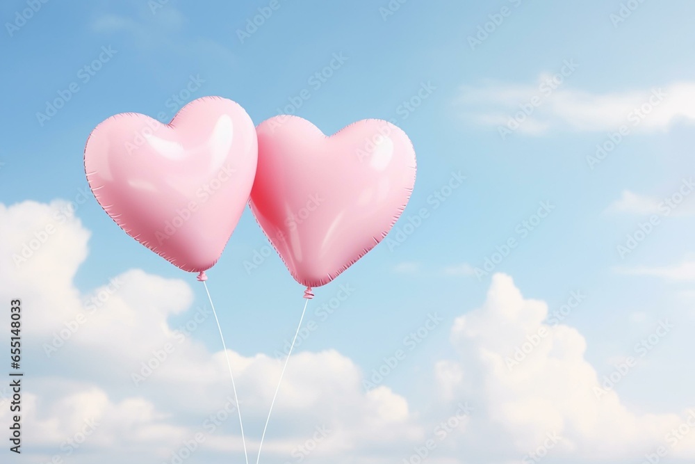 Minimal pink heart shaped balloon with two balloons on blue sky and white clouds background. Soft pastel colors. Creative Valentine's Day. Generative AI