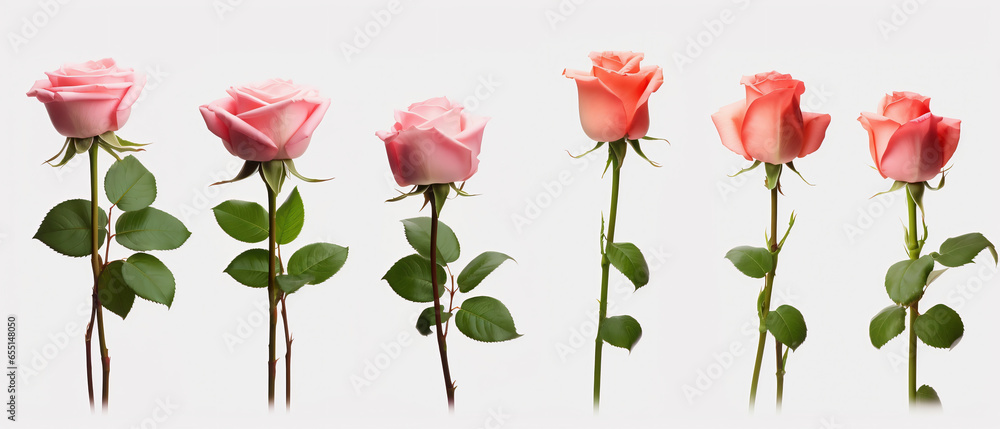 Collection of roses in a row on a light background. Generative artificial intelligence Collection of roses in a row on a light background. Generative artificial intelligence