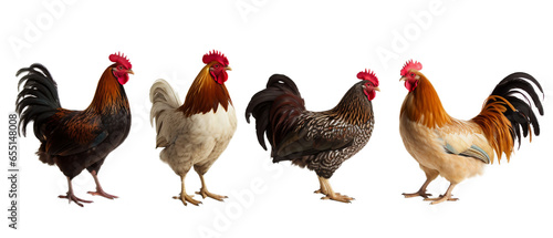 Colorful varieties of chickens on a light transparent background. PNG file. Generative artificial intelligence