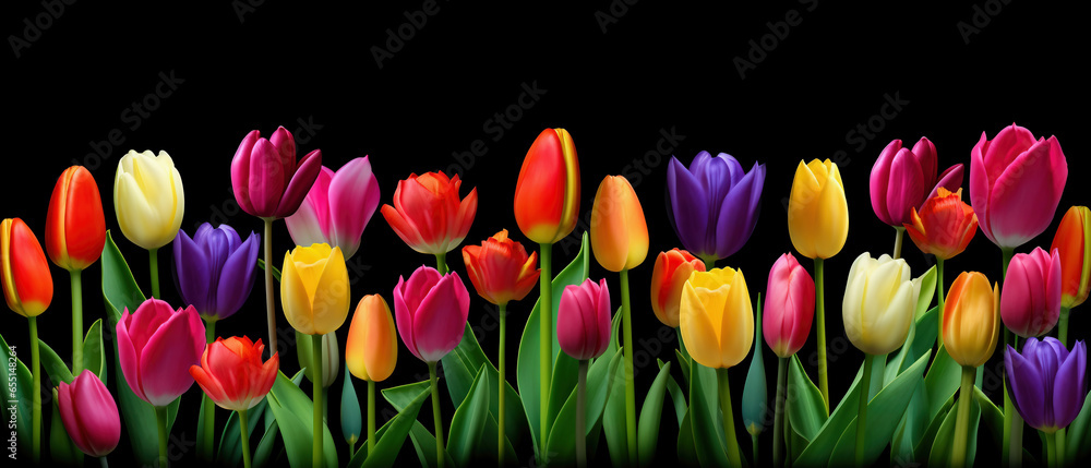 Fototapeta premium Tulips in a row on a dark background. Generative artificial intelligence