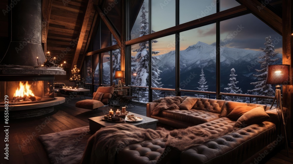 cozy peacful warm living room with snow outside the windows