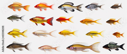 Set of colorful tropical fish on white background. Generative AI