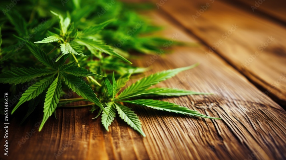 cannabis leaf  on wooden background - obrazy, fototapety, plakaty 