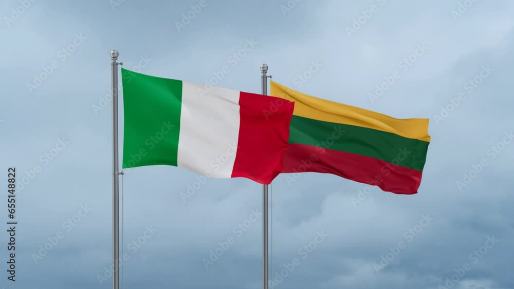 Lithuania flag and Italy flag waving together on cloudy sky, endless seamless loop, two country relations concept Lithuania flag and Italy flag waving together on cloudy sky, endless seamless loop, two country relations concept
