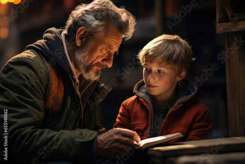 An elderly man mentoring a younger generation, emphasizing the passing down of knowledge and experience. Generative Ai.