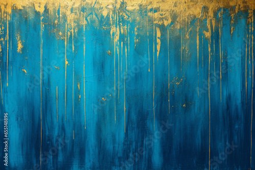 Golden paint smudges on blue wooden background