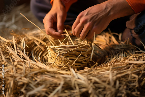 Man weaving straw, hands close-up photo