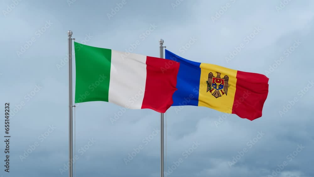 Moldova and Italy flag waving together on cloudy sky, endless seamless loop, two country cooperation concept Moldova and Italy flag waving together on cloudy sky, endless seamless loop, two country cooperation concept