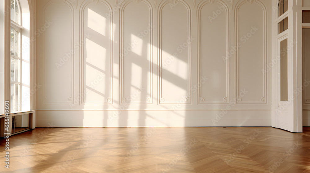 Fototapeta premium 3d render of a living room with a large window, sun light and a wooden floor
