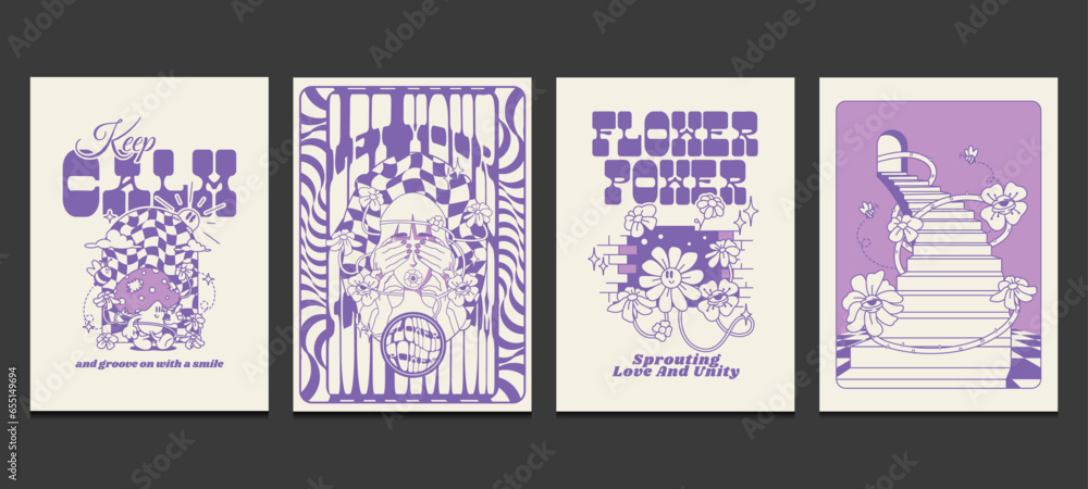 groovy hippie poster with retro psychedelic art, vector illustration - obrazy, fototapety, plakaty 
