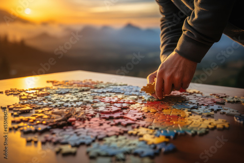 A person completing a puzzle, representing the gradual process of recovery from isolation's effects. Generative Ai.