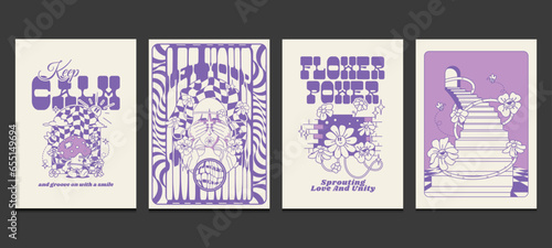 groovy hippie poster with retro psychedelic art, vector illustration
