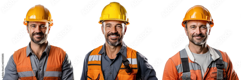 A smiling construction worker with a hardhat, set, isolated A smiling construction worker with a hardhat, set, isolated