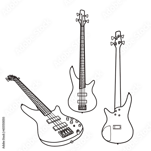 Vector illustration of Outline silhouette of bass guitar, stringed musical instrument vector outline line art, front, isometric and rear view, isolated on white background