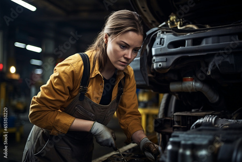Woman auto mechanic repairing a car