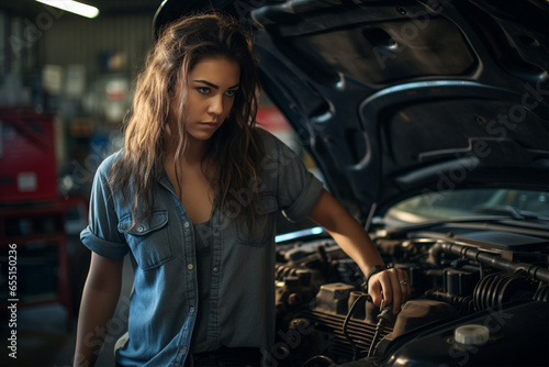 Woman auto mechanic near the hood of a car