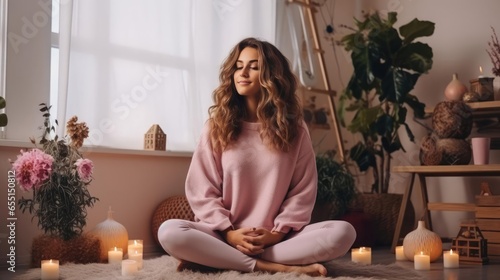 woman wearing pink sweatshirt sitting in a cozy room near autumn decor