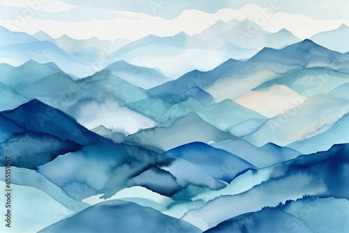 Watercolor painting of mountain range in various shades of blue. Generative AI