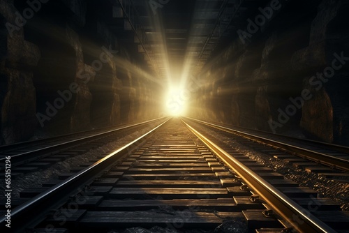 Illustration of railway tracks emerging from tunnel towards bright light. Generative AI