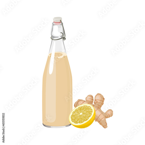 Vector illustration, ginger beer in a bottle, with lemon slices and ginger rhizome, isolated on white background.