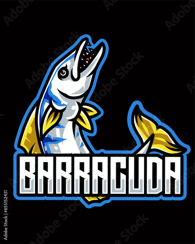 Barracuda fish mascot logo isolated on dark background suitable for fishing logo