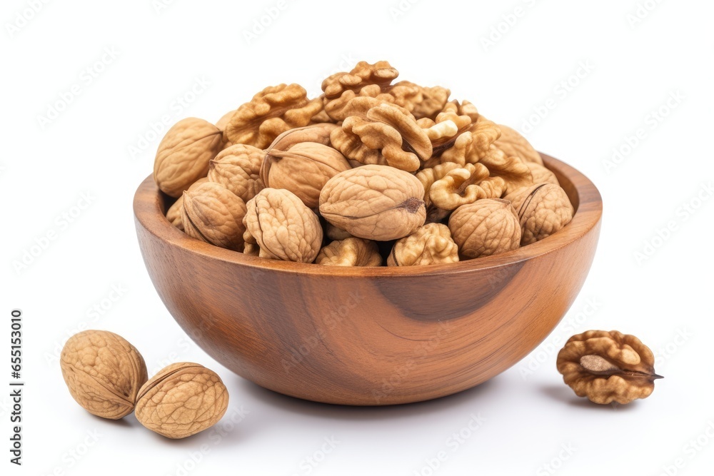 Walnuts in wooden bowl on a white background. Walnuts in wooden bowl on a white background.
