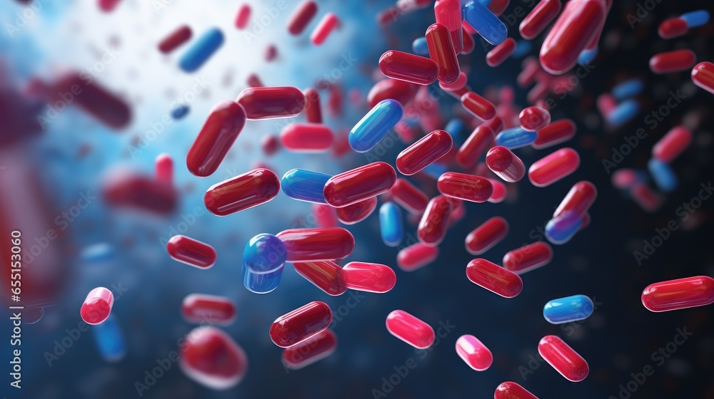 A group of antibiotic pill capsules fallling. Healthcare background. - obrazy, fototapety, plakaty 