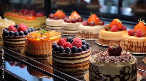 Small cakes on display at the patisserie counter.