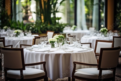 The white round banquet tables in the restaurant. Stylish event decor.