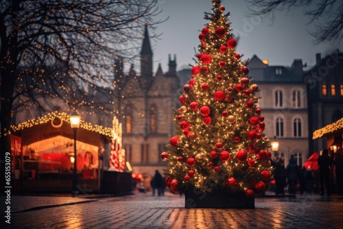 Christmas tree on the street in the city center. © kardaska
