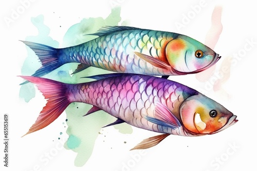 Colorful watercolor arowana fishes painting on white background. Artwork. Generative AI