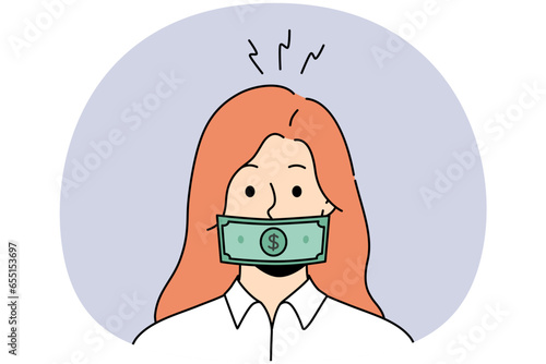 Woman with dollar banknote on mouth get bribe. Female with money covering face engaged in corruption and bribery. Vector illustration.
