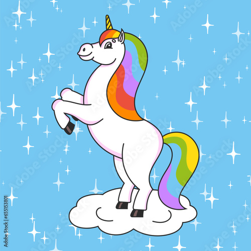The magical unicorn reared up. The animal horse stands on its hind legs. Cartoon style. Simple flat vector illustration.