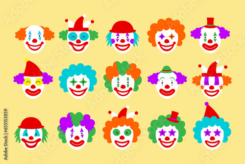 Set of clowns head vector flat design illustration