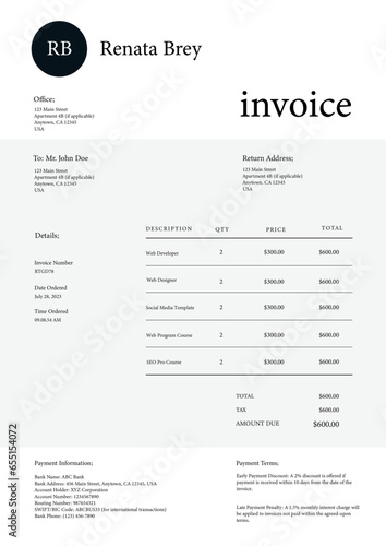 Minimalist Invoice Easy to edit and customise, with a single page invoice design, - A4 Size - Print Ready - 300 DPI - Easy to Use - Free Font Used