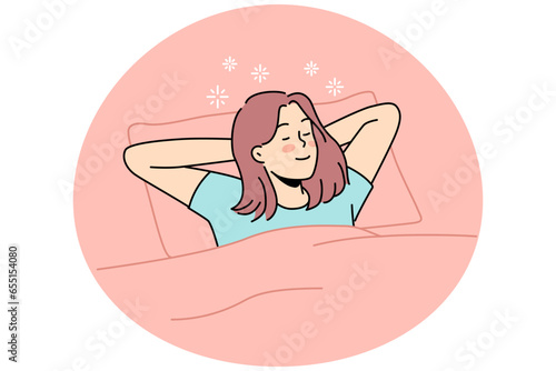 Happy young woman lying in bed sleeping. Smiling girl relax in bedroom dreaming or napping. Relaxation and comfort. Vector illustration.