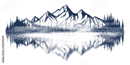 Forest and mountains are reflected in the lake, vignette. Vector sketch, imitation of a pencil drawing.