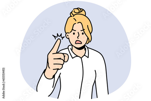 Furious businesswoman feel emotional screaming and scolding. Mad woman point with finger shout and lecture. Vector illustration.
