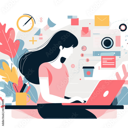 Illustration of a person working in office, Productive Work Environment: A Woman at the Desk