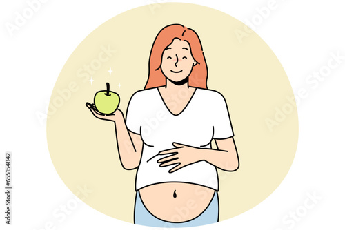 Smiling pregnant woman with apple. Vector Smiling young pregnant woman holding apple recommend healthy diet. Happy female follow pregnancy nutrition eat fruits. Vector illustration.