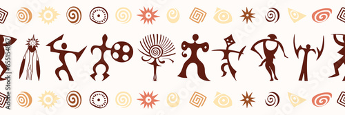 Ethnic seamless border on the theme of rock paintings, vector design, banner 