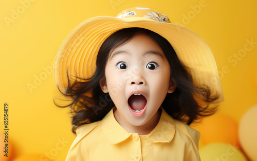 Portrait of baby in solid color background, wearing hat and opening mouth, laughing and excited
