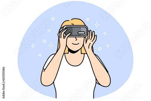 Smiling woman in VR glasses explore new horizons. Happy girl in virtual reality headset enjoy modern technology. Vector illustration.