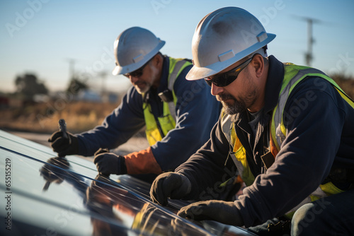 dynamic photo capturing solar panel technicians at work, installing and connecting panels, showcasing the process of transitioning to clean energy photo
