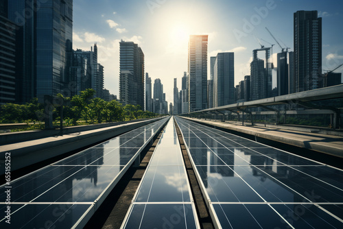 urban photo of a cityscape where solar panels adorn skyscrapers, promoting sustainable urban development and the integration of solar energy into cities #655155252