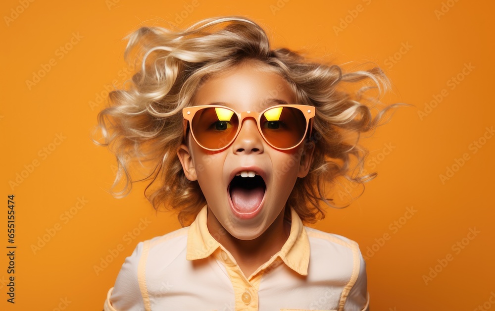 Portrait of kid in solid color clothing, opening mouth, laughing and excited