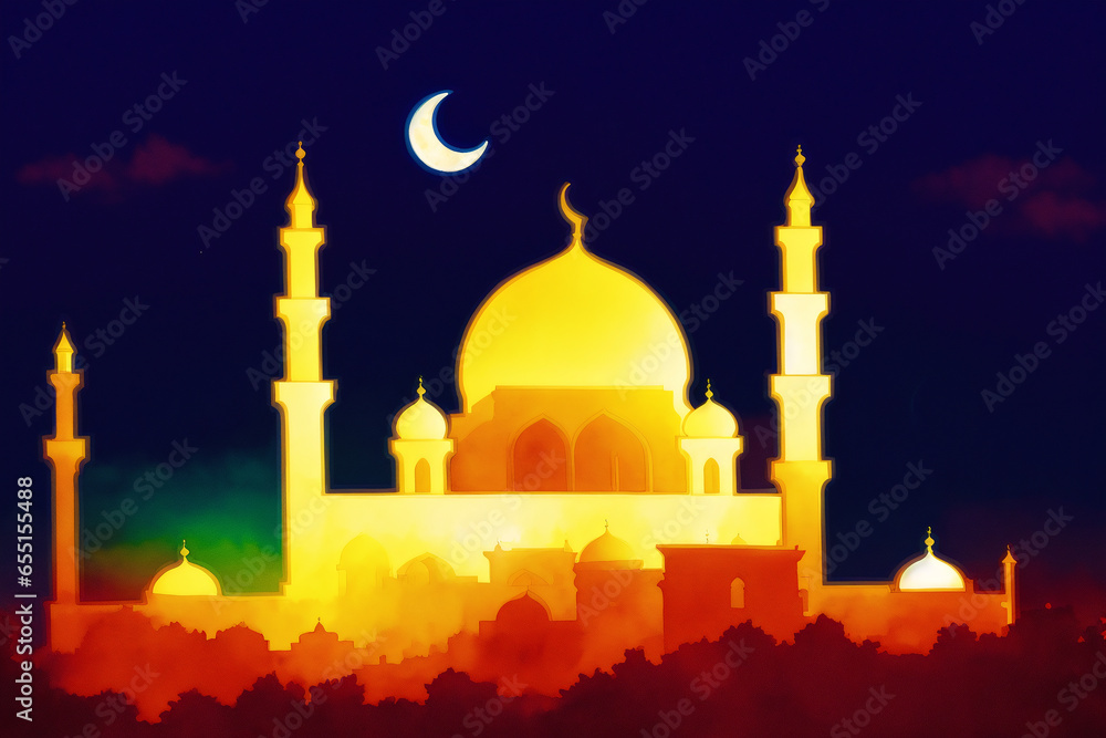 Obraz premium Beautiful old mosque. Islamic background. Eid-al-Adha. Ramadan. Copy space. Generative AI
